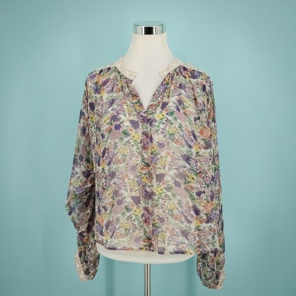 Ranna Gill Anthropologie Size Medium M Floral Print Split V Neck Long Sleeve Top - Picture 1 of 7